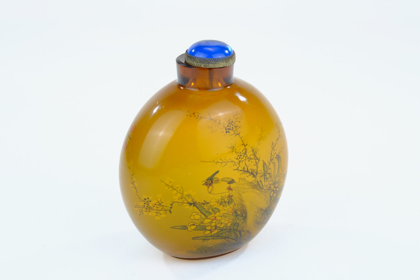 Chinese Amber Glass Interior Painted Snuff Bottle Birds Flowers Blue Stopper