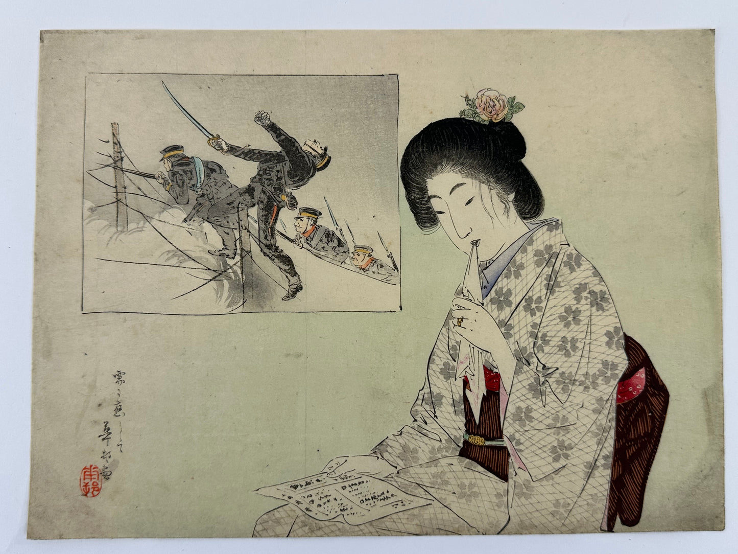 Suzuki Kason Original Woodblock Print "Autumn Shower" Russo Japanese War 1904 LS#205