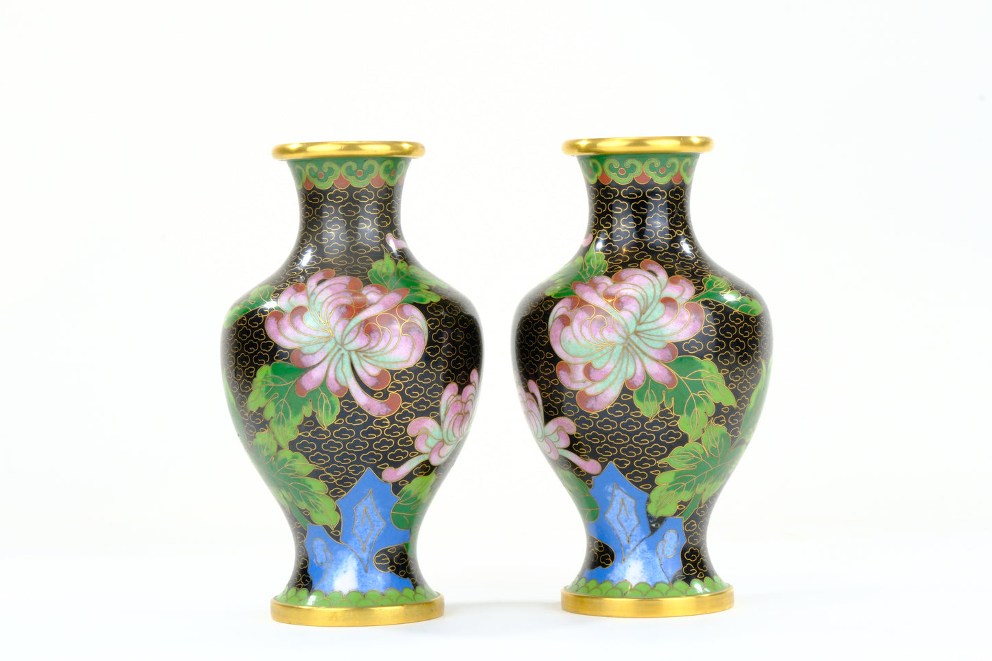 Chinese Cloisonne Enamel Vase Pair Black Ground Blue Bird Pink Peony Gold Rim