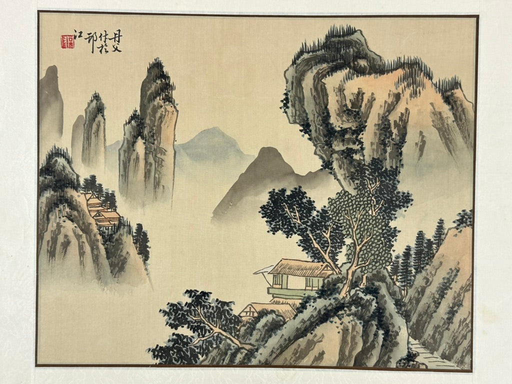 Antique Chinese Silk Painting Misty Mountain Landscape Pavilions 16"W