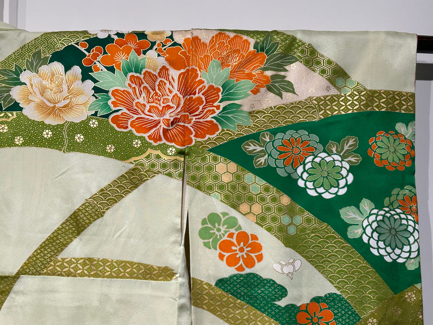 Vintage Japanese Furisode Silk Kimono Soft Green Peonie Motif