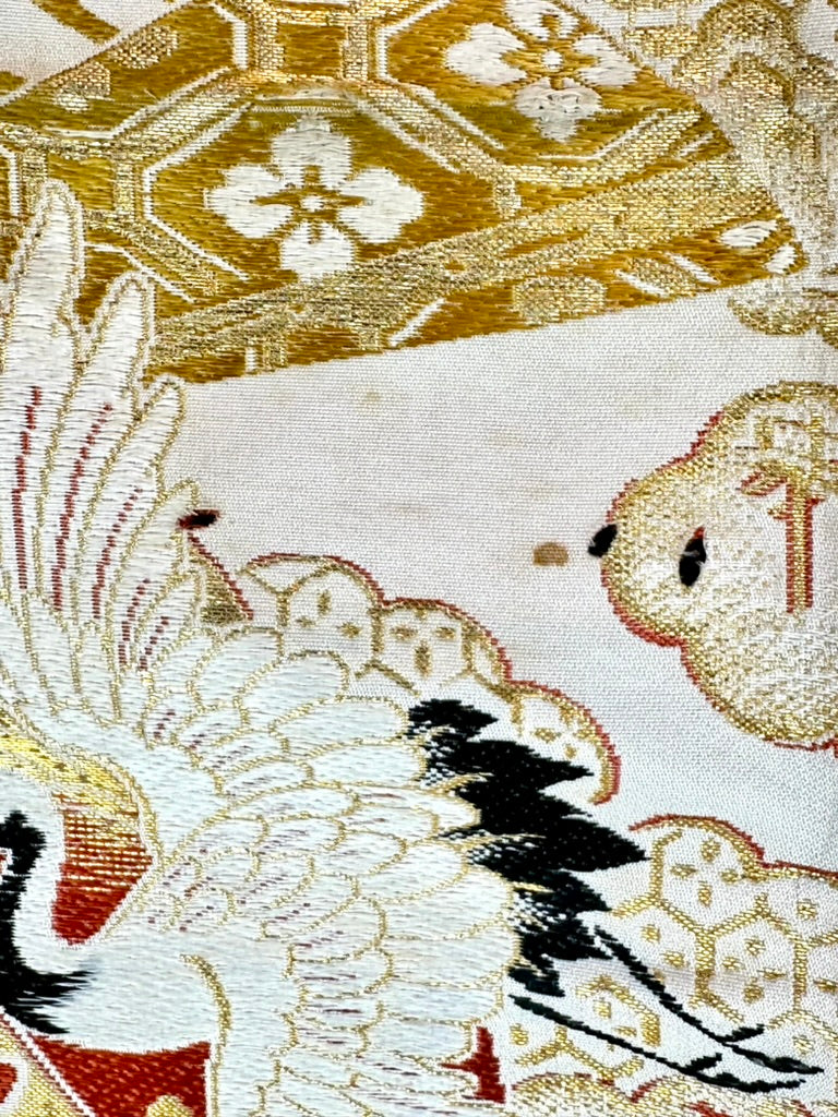 Antique Japanese Silk Maru Obi Gold Brocade Crane Fan Pine Nishijin 13'L