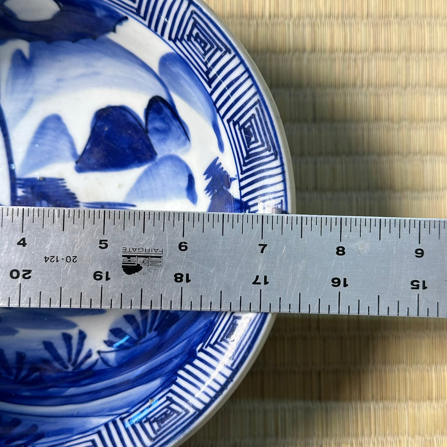 Antique Japanese Blue & White Porcelain Bowl Shanshui Landscape Key Fret Border 7.5"W