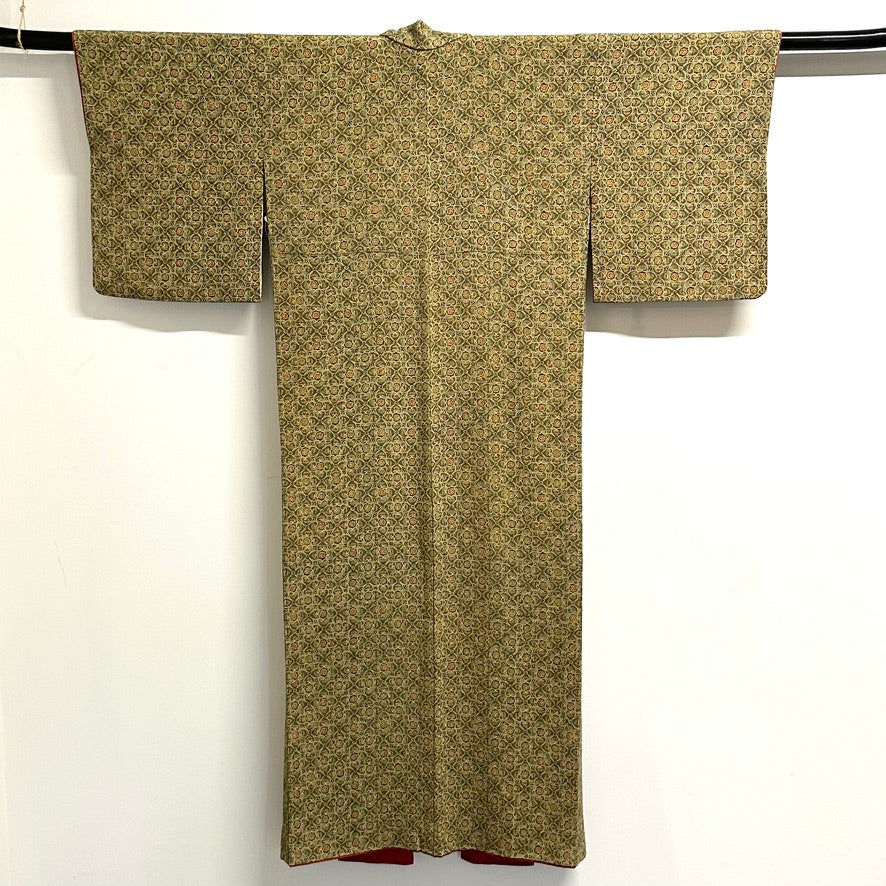 Vintage Japanese Silk Komon Kimono Shippo Floral Repeat Rikyu Olive Showa