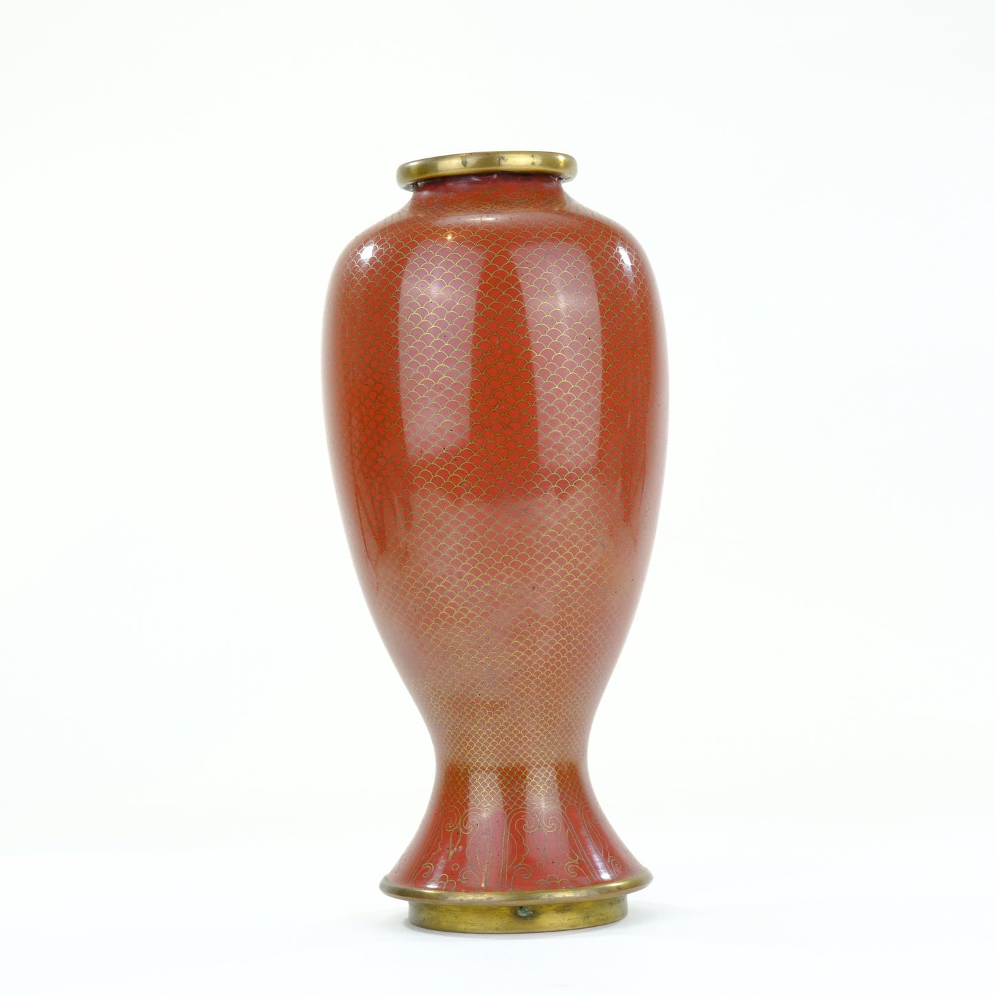 Japanese Meiji Cloisonne Enamel Meiping Vase Oxblood Red Uroko Scale Ground 9"H