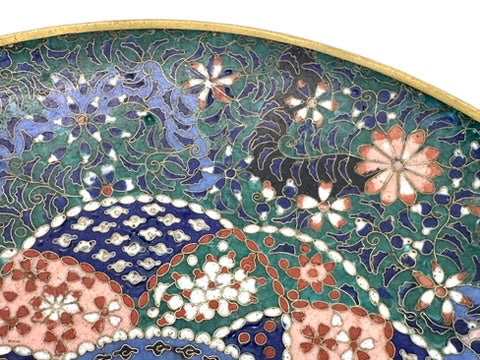 Japanese Meiji Cloisonne Shippo Plate Green Floral Medallion Iris Geometric 7.5"