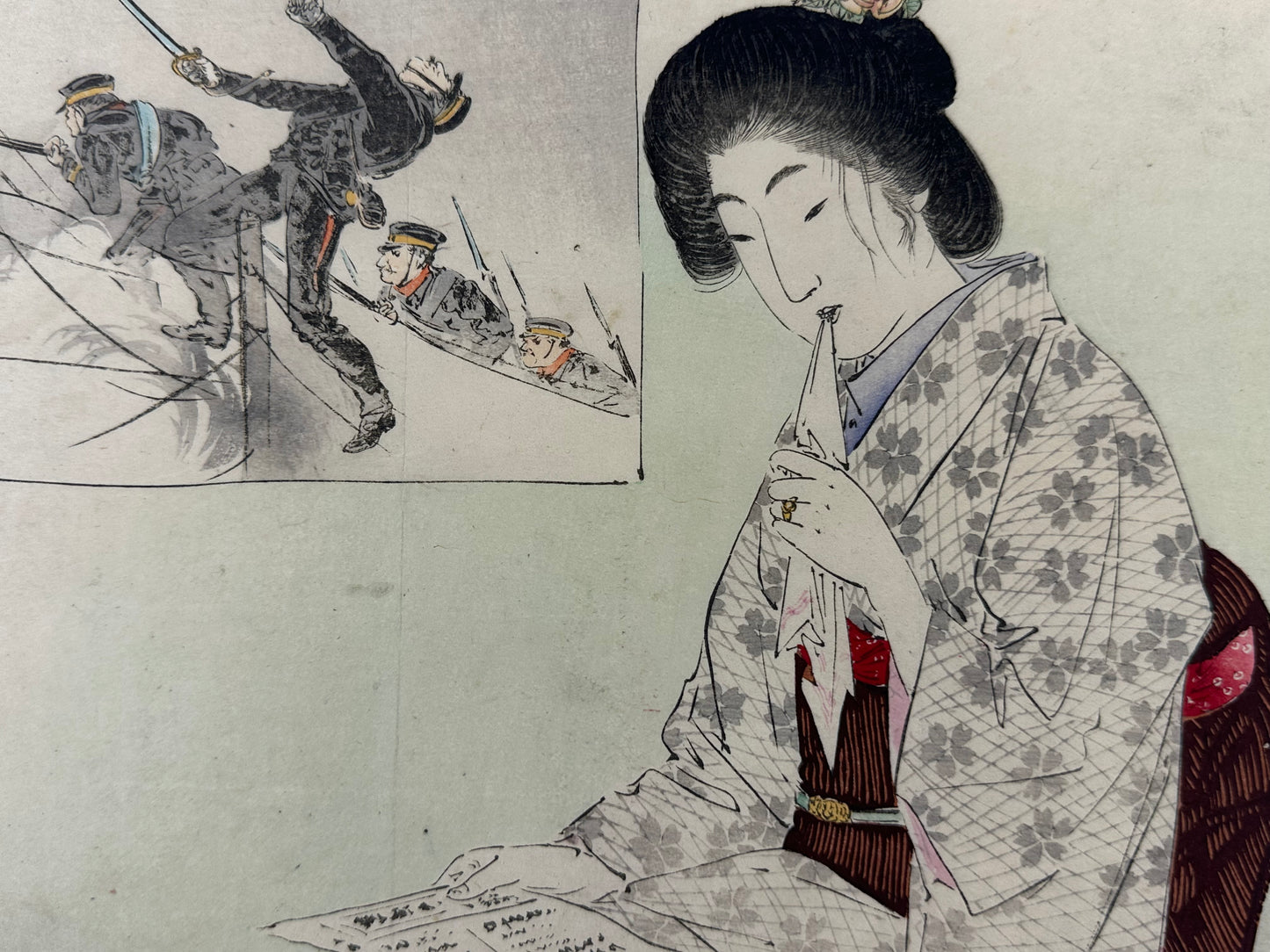 Suzuki Kason Original Woodblock Print "Autumn Shower" Russo Japanese War 1904 LS#205