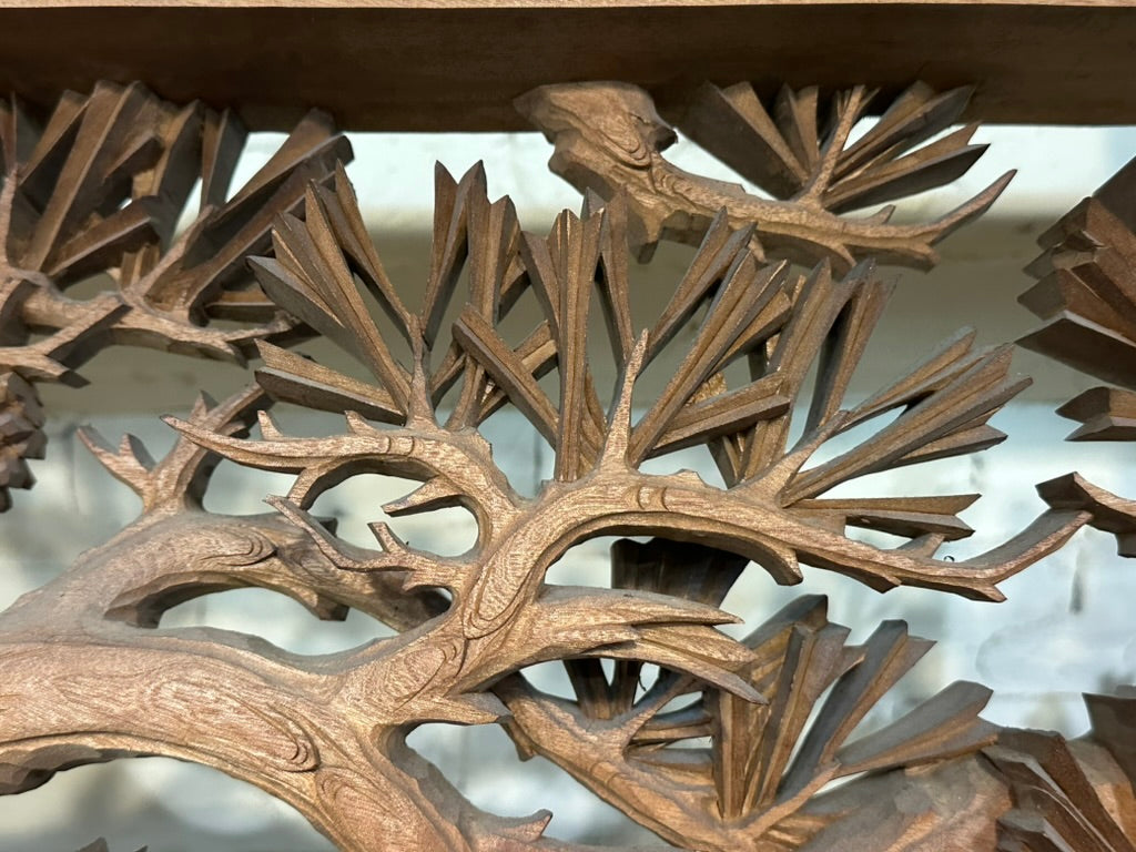 Japanese Inami Chokoku Sugi Wood Ranma Transom Carved Pine Tree Signed Kohō Taisho Showa 72"L