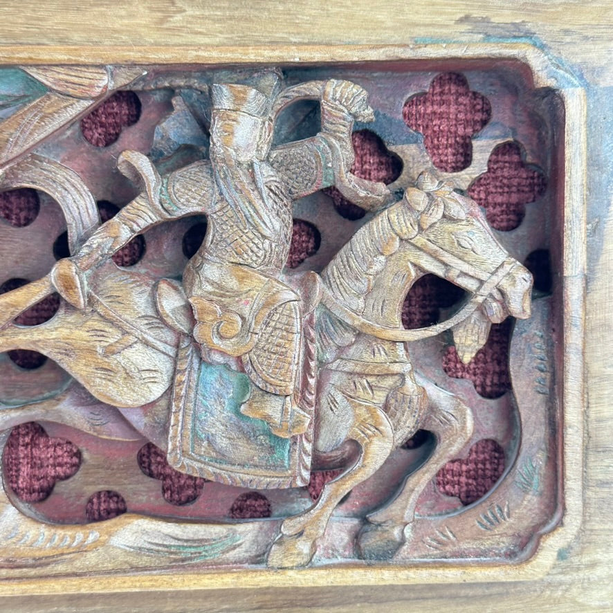 Antique Chinese Carved Wood Panel Fragment Warriors on Horseback 20.5″L