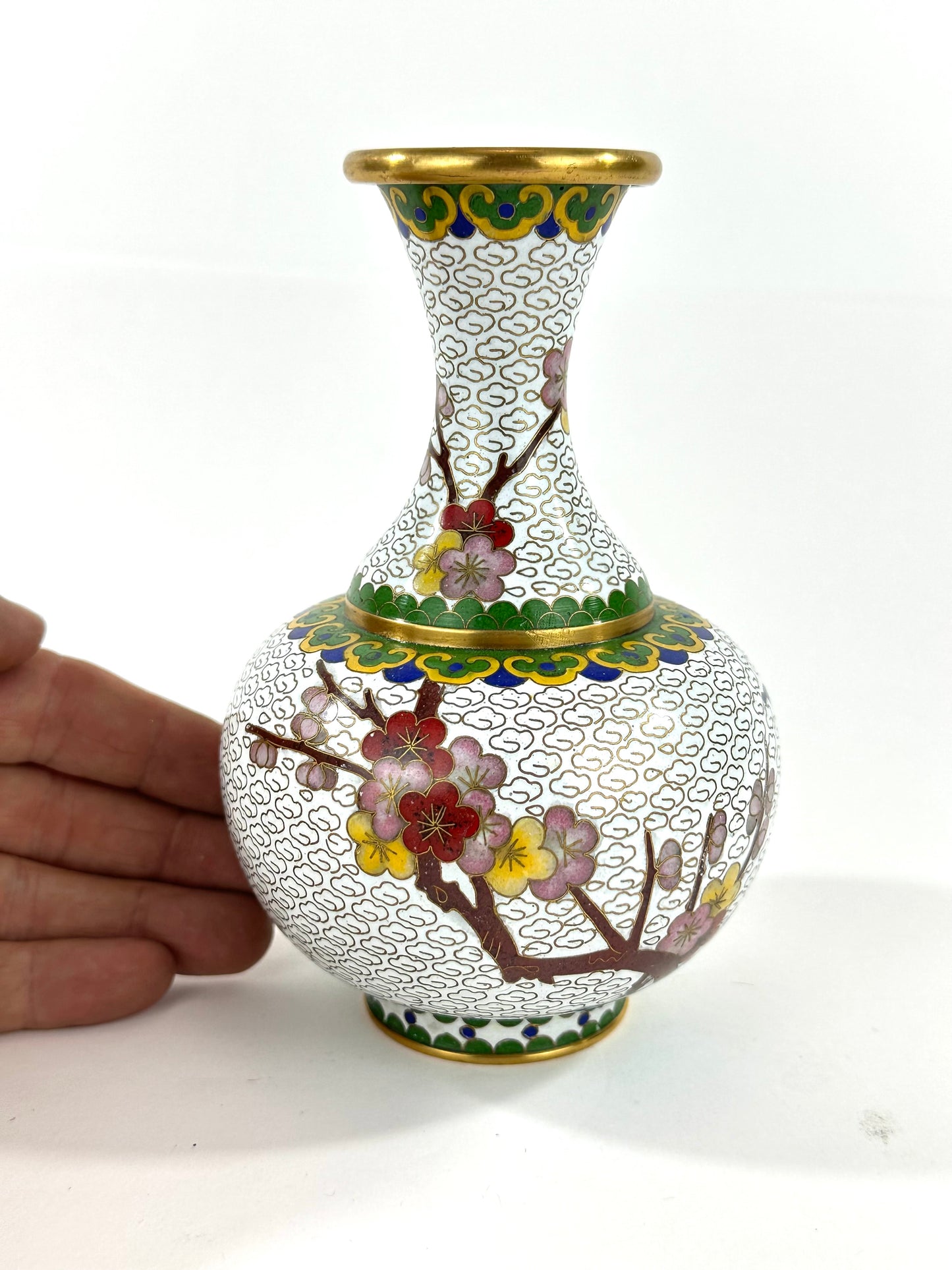 Vintage Chinese White Cloisonné Vase w/ plum blossoms 6”