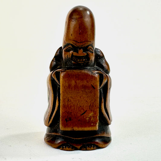 Antique Boxwood Netsuke of Fukurokujin Reading His Scroll 2"