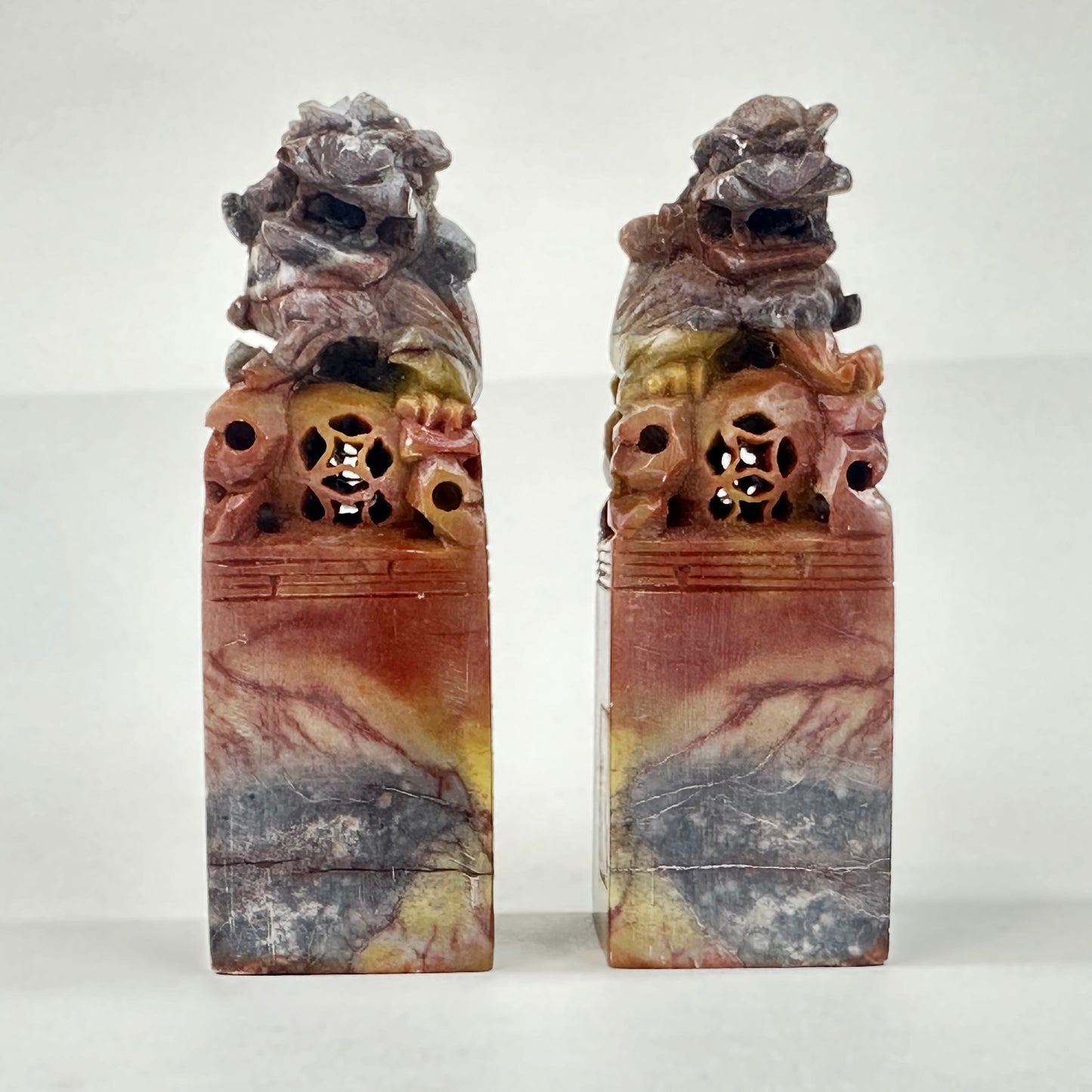 Vintage Chinese Pair of Marble Foo Dog Inkan Chop Stamps 3.5"