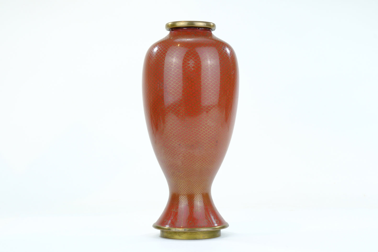 Japanese Meiji Cloisonne Enamel Meiping Vase Oxblood Red Uroko Scale Ground 9"H
