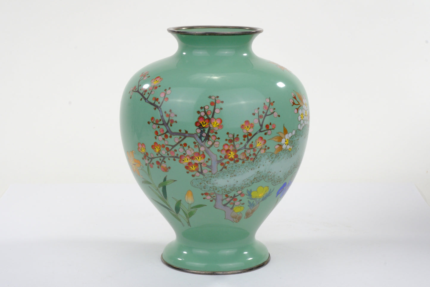 Antique Japanese Meiji Era (c1880) Cloisonné Vase Floral Motif Green 8"