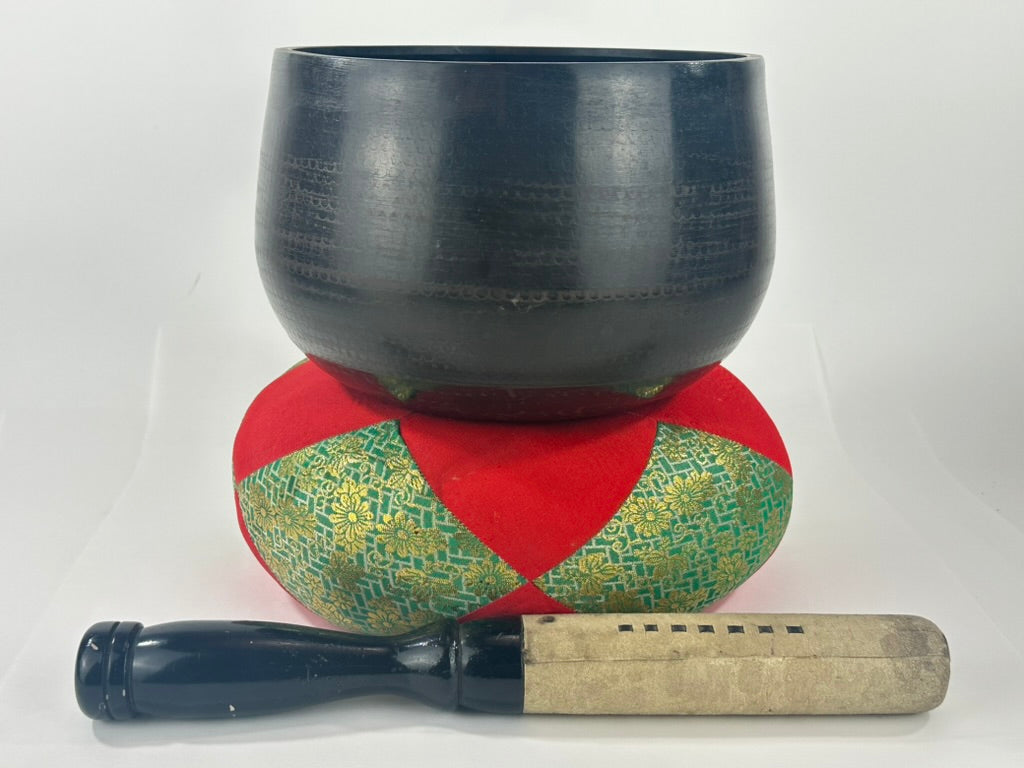 Japanese Vintage Showa Era Cast Iron Orin Singing Bowl Buddhist Bell with Cushion Striker 10"W