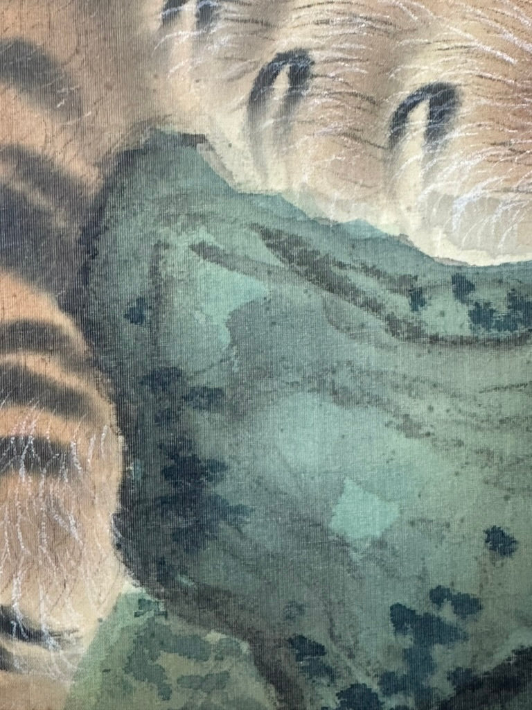 Antique Japanese Kakejiku Hanging Scroll Tiger on Cliff Nihonga Ink Color Signed 73"L
