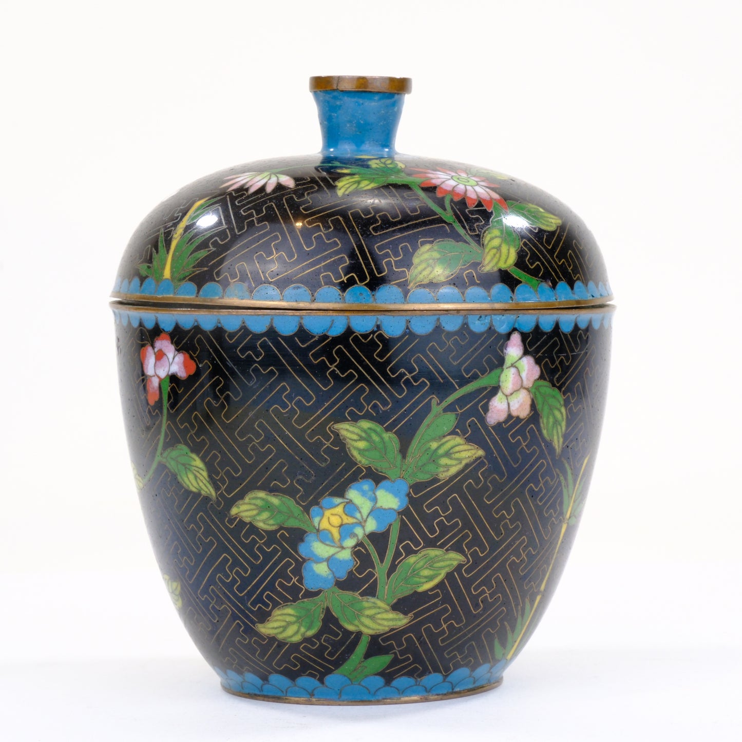 Chinese Cloisonne Enamel Moon Flask Vase Green Black Ground Floral Butterfly Three Feet 5.5"H