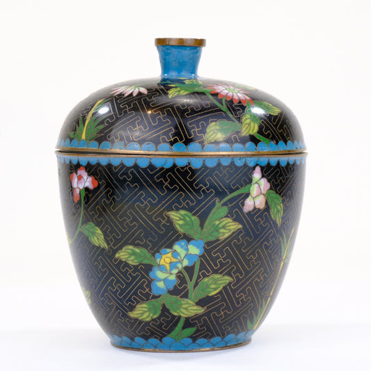 Chinese Cloisonne Enamel Moon Flask Vase Green Black Ground Floral Butterfly Three Feet 5.5"H