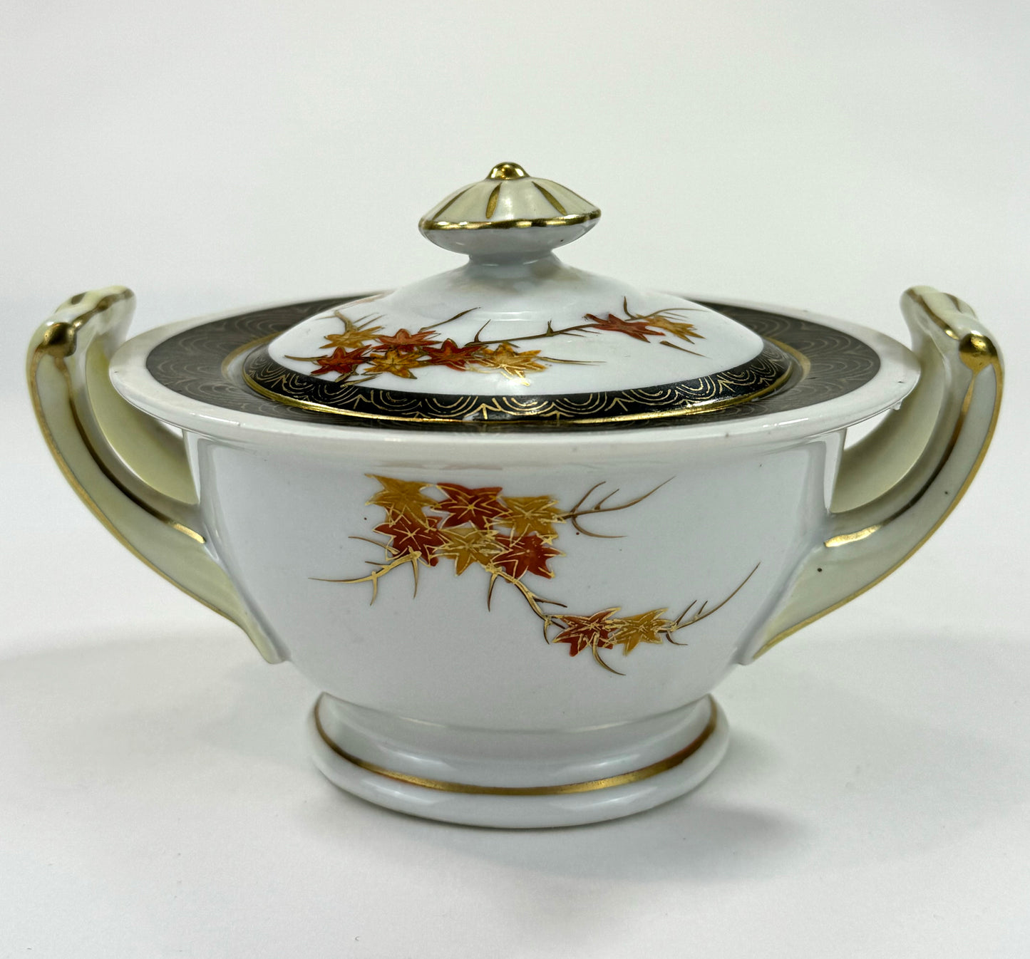 Vintage Japanese c1940’s Hand Painted Maple Leaf & Bird Sugar Bowl 6.5”