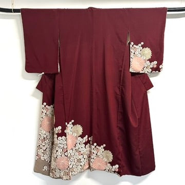 Vintage Japanese Silk Brocade Kimono Woven Kiku Chrysanthemum Burgundy Showa
