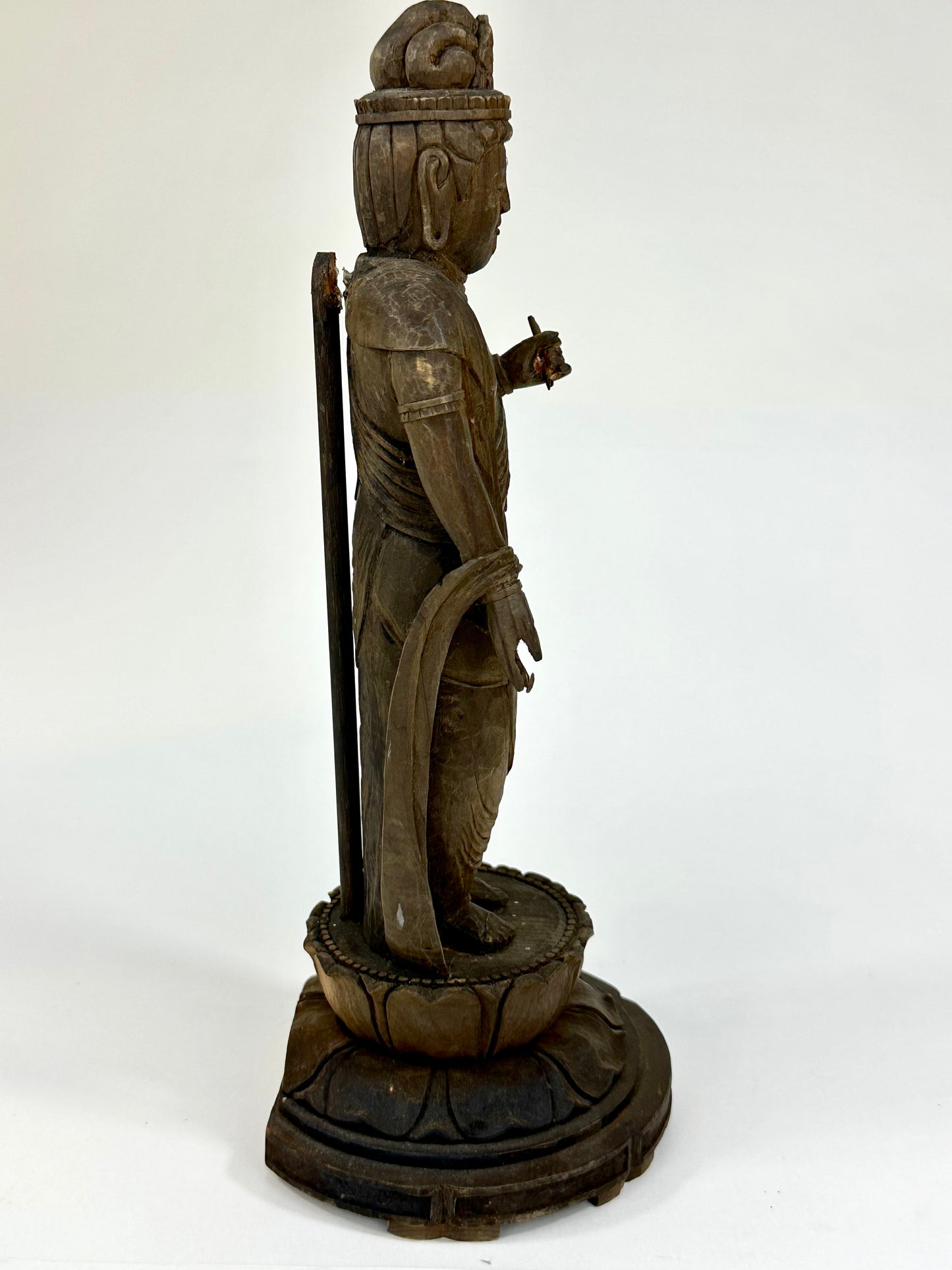 Antique Japanese Wooden Jizō Bosatsu (Kṣitigarbha Bodhisattva) Standing on Lotus Base10”
