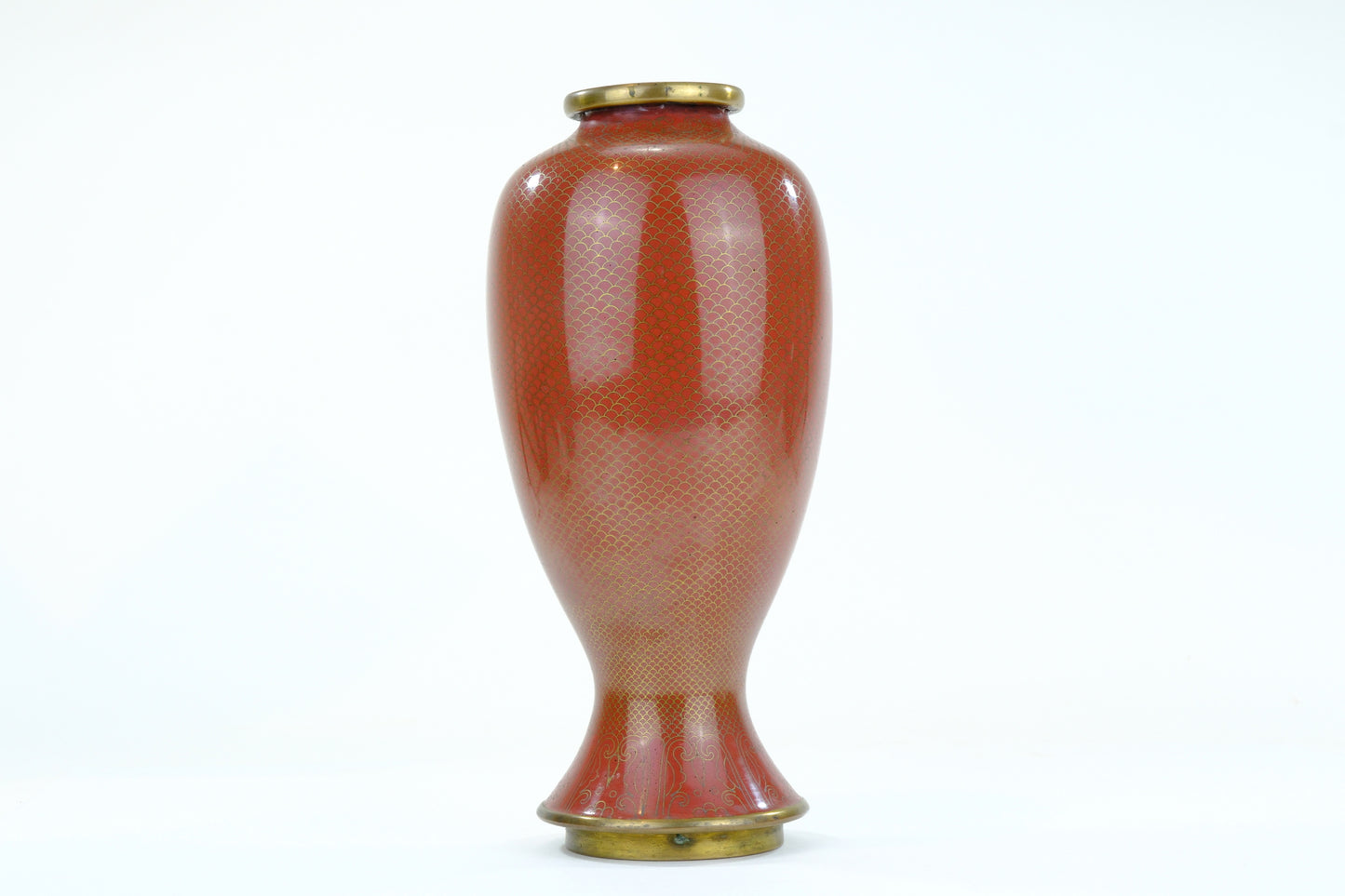 Japanese Meiji Cloisonne Enamel Meiping Vase Oxblood Red Uroko Scale Ground 9"H
