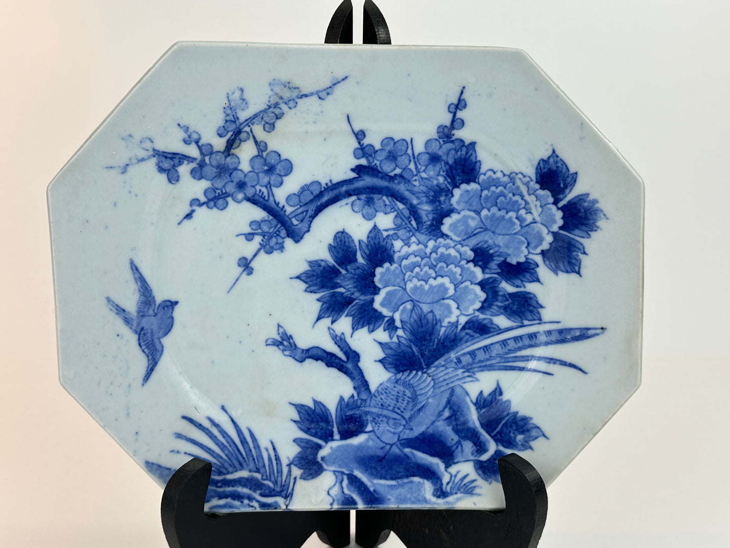 Antique Japanese Meiji Era c1880's Imari Blue & White Plate Birds Peonies 11"W