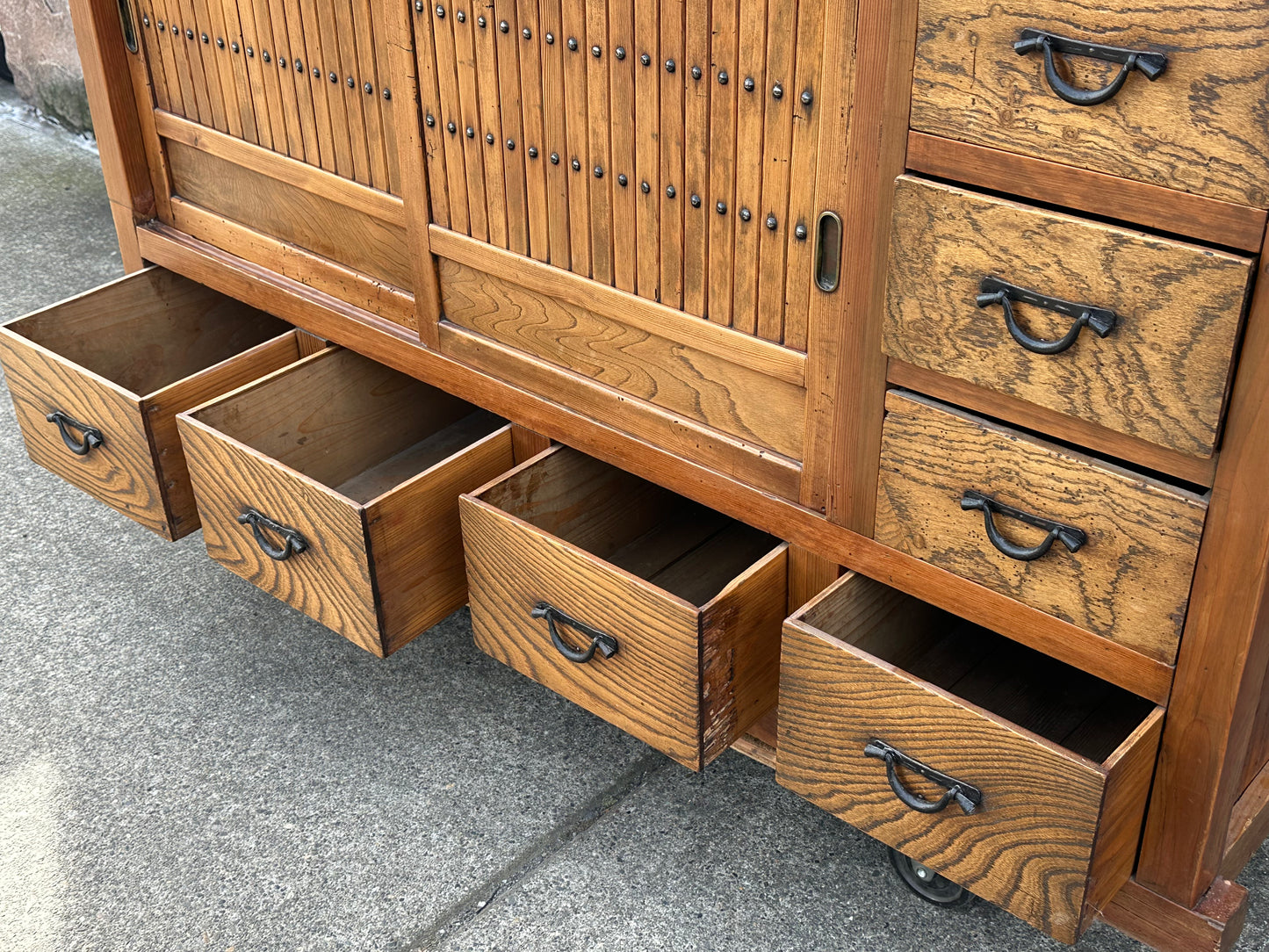Antique Japanese Keyaki Sugi Merchant Tansu Sliding Door Cabinet Meiji 54"W