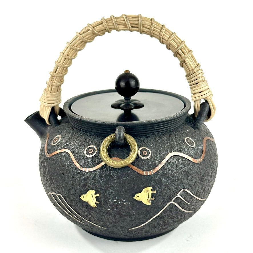 Vintage Japanese Signed Cast Iron Tetsubin Plover Wave Gold Silver Copper Inlay Showa 6.5"W LS#055