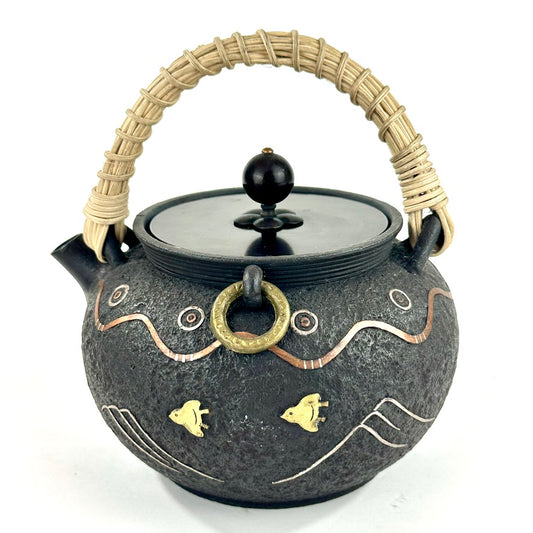Vintage Japanese Signed Cast Iron Tetsubin Plover Wave Gold Silver Copper Inlay Showa 6.5"W LS#055