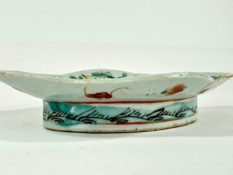 Chinese Famille Rose Porcelain Lozenge Dish Peach Longevity Floral Celadon Ground Late Qing 7.5"