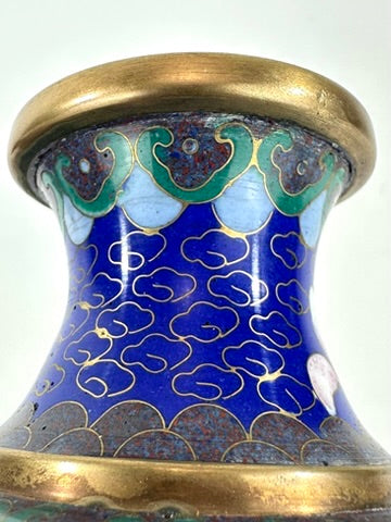 Chinese Republic Period Cloisonne Enamel Vase Pair Cobalt Blue Pink Peony 6"H
