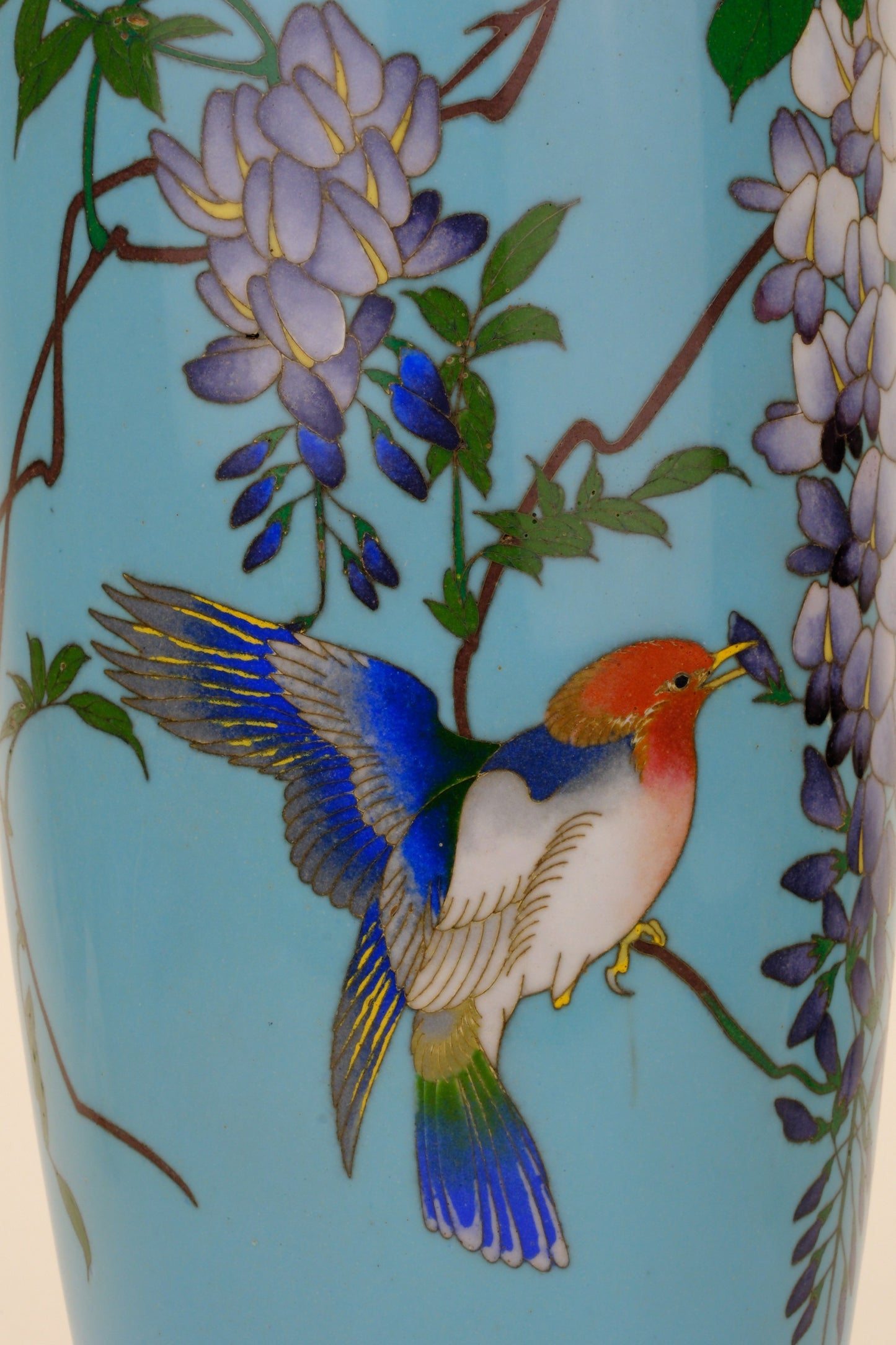 Antique Japanese Meiji Era (c1880) Cloisonné Vase Wisteria & Bluebird on Turquoise 12”