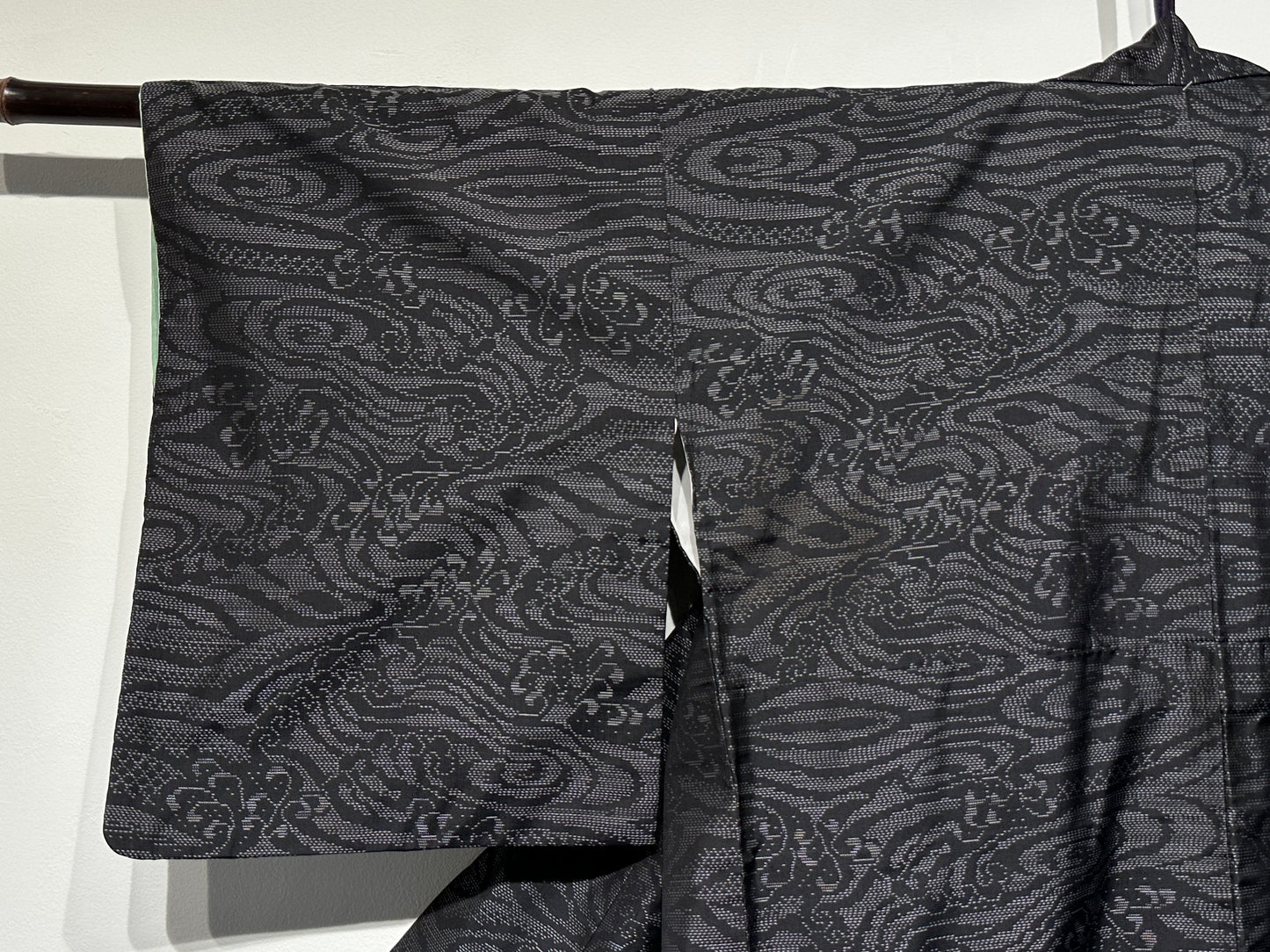 Japanese Oshima Silk Kimono Black Wave Motif