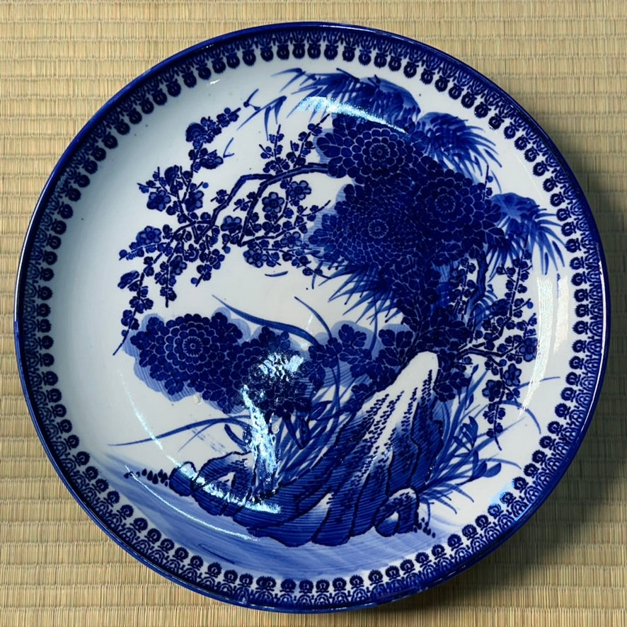 Antique Japanese Blue & White Porcelain Plate Kacho Bird Flower Landscape 14"W