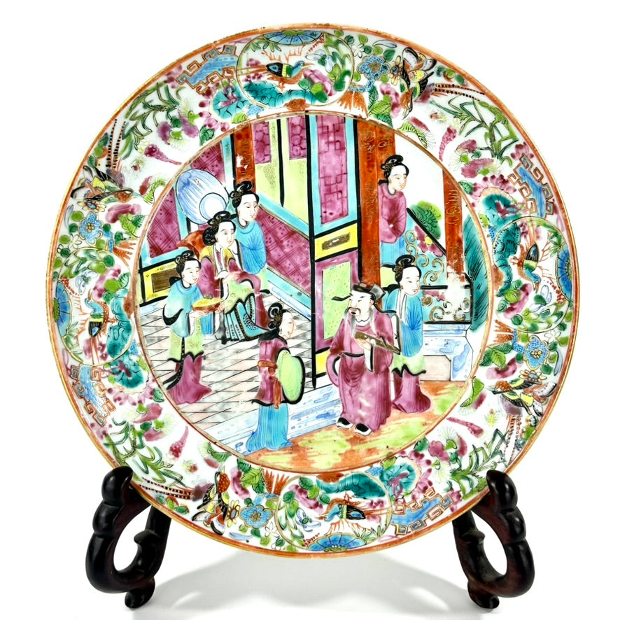 Antique Chinese Qing Famille Rose Canton Plate Garden Interior Scene 8″W (Copy)