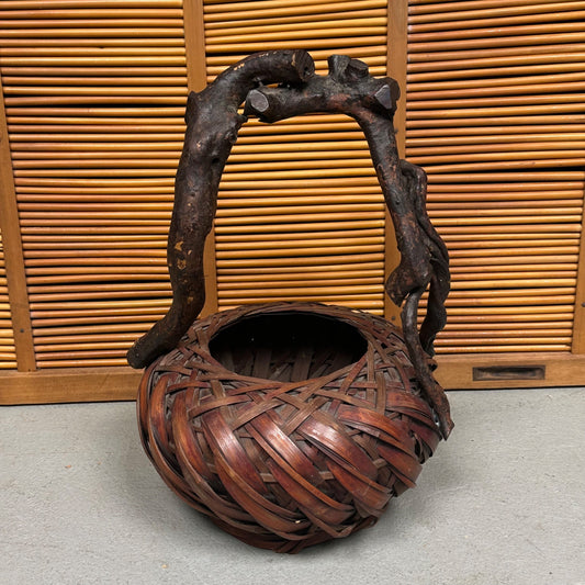 Antique Japanese Bamboo Flower Basket Hanakago Wisteria Branch Handle ~16"H
