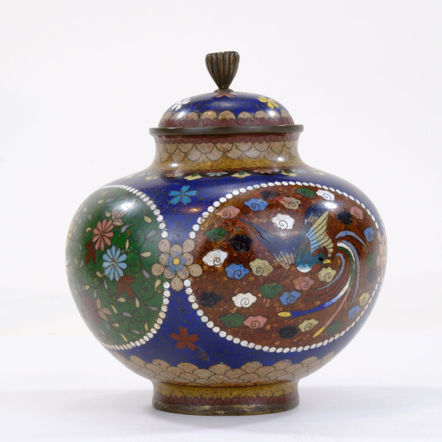 Japanese Meiji Cloisonne Enamel Covered Jar Cobalt Phoenix Floral Cartouche Bronze Finial 5"H