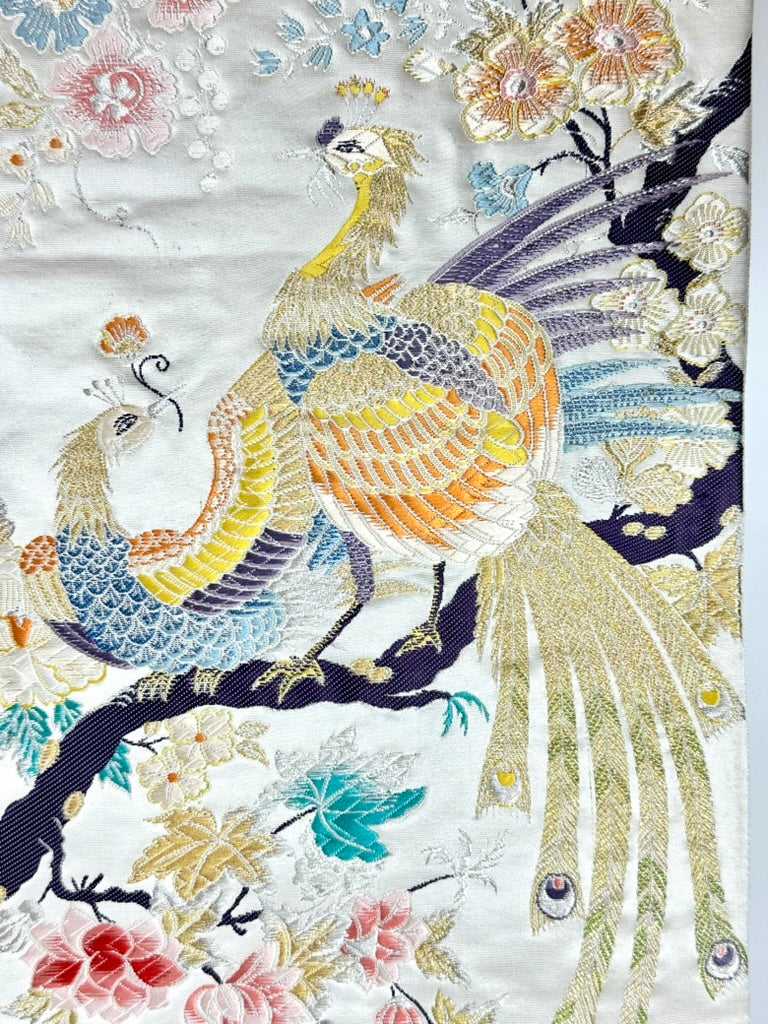 Vintage Japanese Silk Fukuro Obi Embroidered Phoenix Peony Blossom 13'L