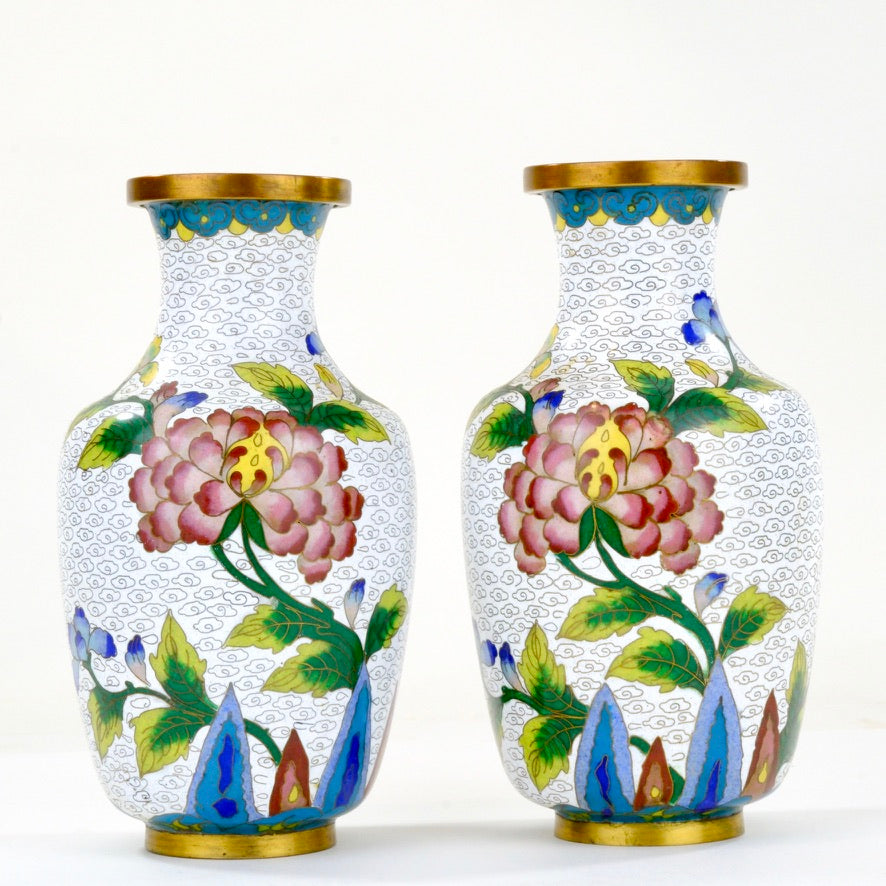 Chinese Cloisonne Enamel Vase Pair White Ground Pink Peony Cloud Pattern Teal Border 6.5"H
