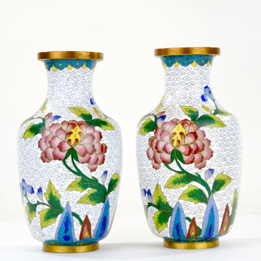 Chinese Cloisonne Enamel Vase Pair White Ground Pink Peony Cloud Pattern Teal Border 6.5"H