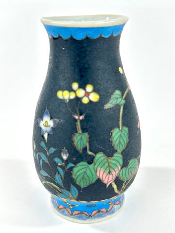Japanese Meiji Taisho Totai Shippo Ceramic Cloisonne Vase Black Ground Pink Floral 5"H