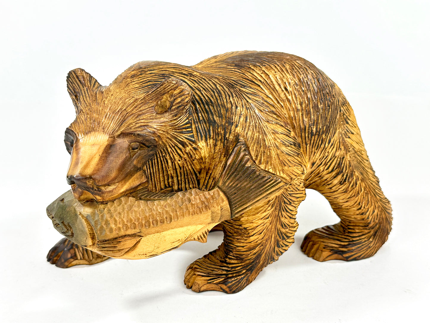 Vintage Japanese Ainu Bear Kuma w/ Salmon Signed Sugi Wood ~9"