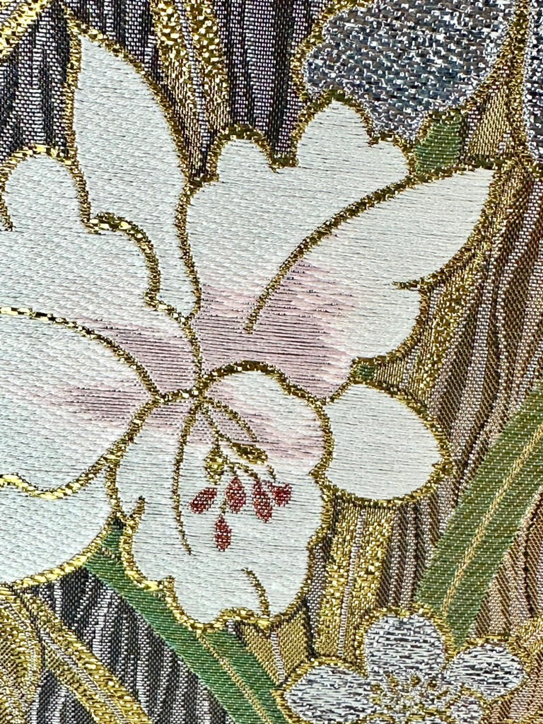 Vintage Japanese Silk Fukuro Obi Gold Foil Orchid Black Ground 13'L
