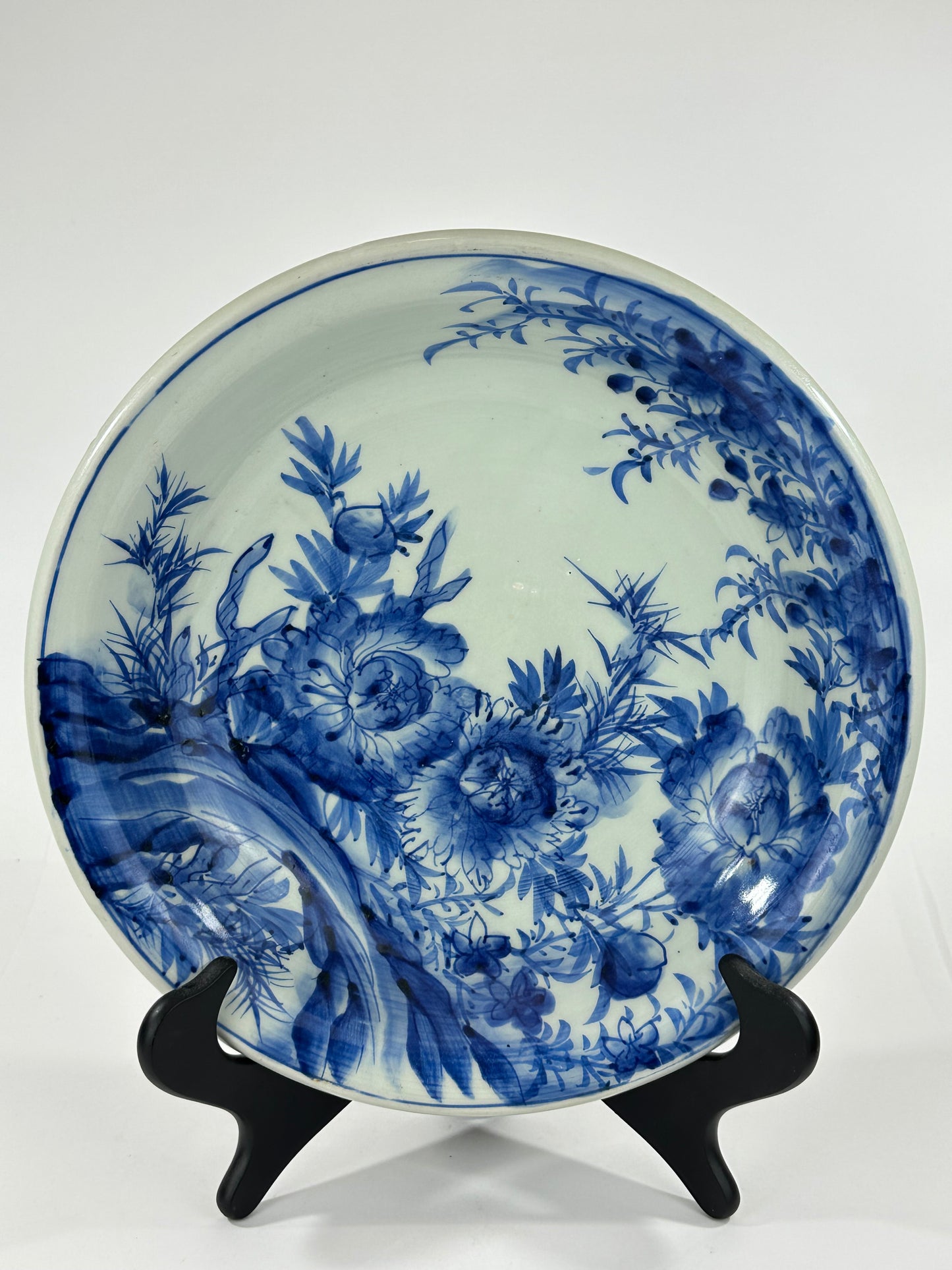 Antique Japanese Late Edo Period Imari Blue & White Porcelain Peony Bowl 12"W