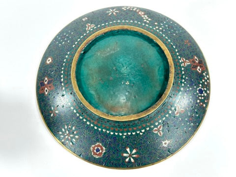 Japanese Meiji Cloisonne Shippo Plate Green Floral Medallion Iris Geometric 7.5"