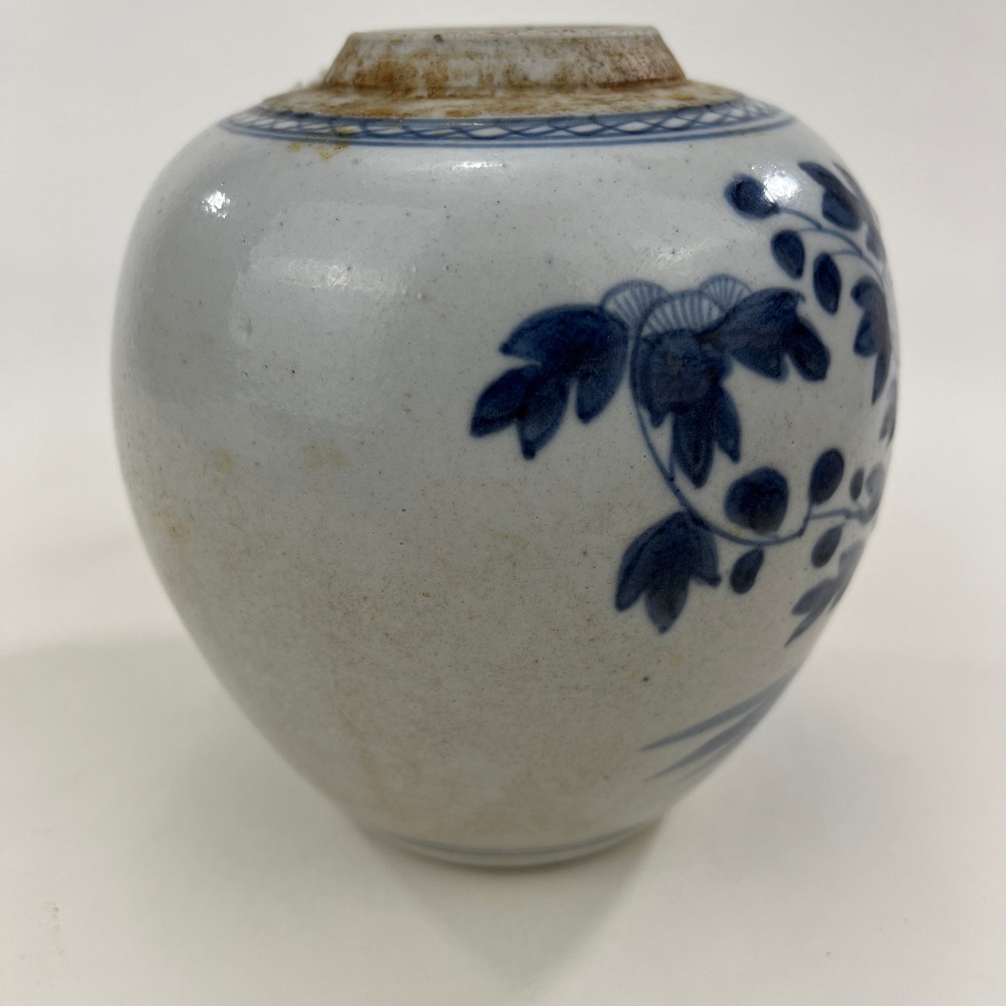 Antique Chinese Qing 19th Blue & White Ginger Jar Hand Painted Peony 6"