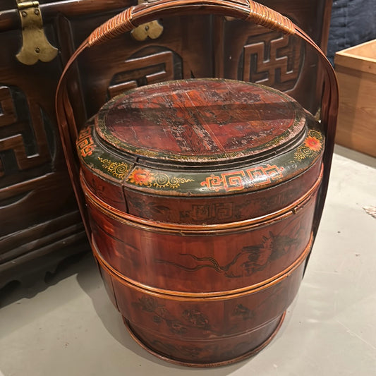 Vintage Chinese Two Tiered Wedding Basket Birds & Floral Motif 20"H