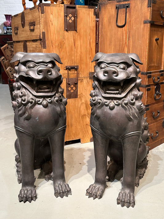 Vintage Chinese Bronze Foo Dog Pair Mid 1900’s 29”H