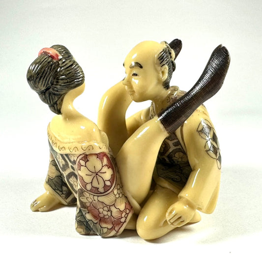 Vintage Japanese Shunga Erotic Figurine Couple Faux-Ivery Resin Hand Painted Showa d